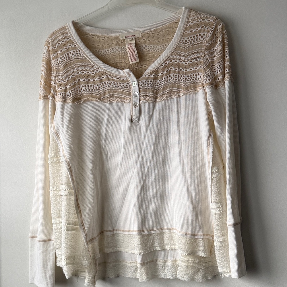 Sundance Clara waffle knit thermal lace long sleeve Henley, M - Picture 2 of 8